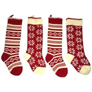 Set of 4 - Pier 1 Imports Family‎ Christmas Stocking Red & Cream EUC
